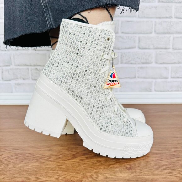 Converse Chuck 70 De Luxe Heel Platform Knit 9.5 Women Shoes Egret Boots A07535C - Picture 4 of 13